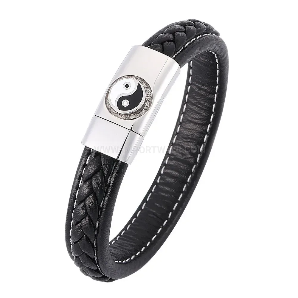 Woven Black Leather Cuff Bracelet with Stainless Steel Symbol Clasp