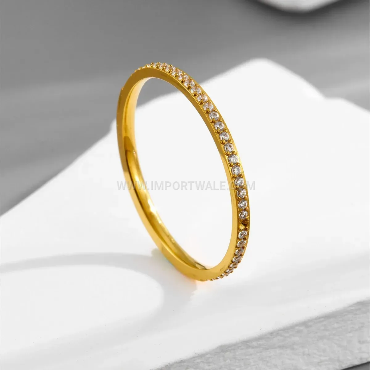 Gold Titanium Steel Half Eternity Rhinestone Pave Band Ring
