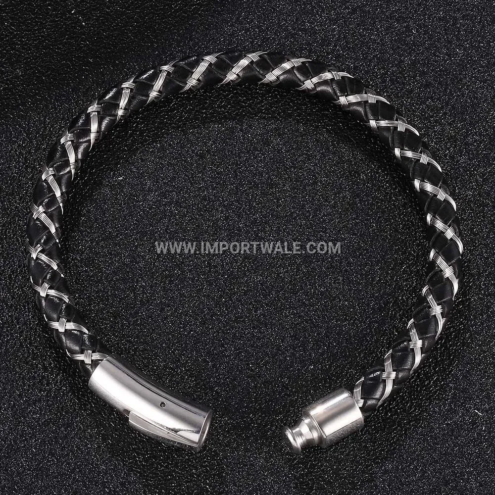Braided Black Leather Band with Steel Wire Accent Bracelet