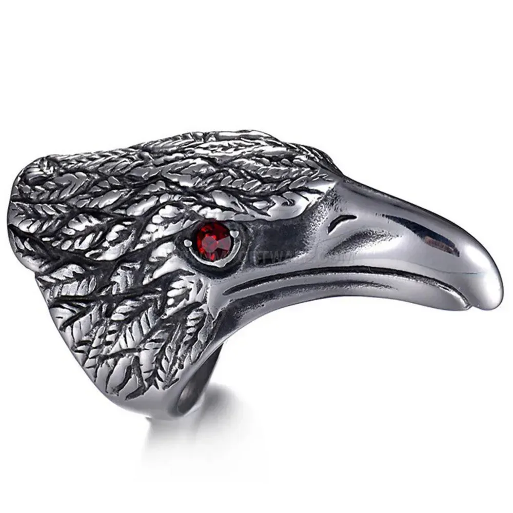 Fashion Vintage Punk Stainless Steel Eagle Head Ring with Zircon Accent