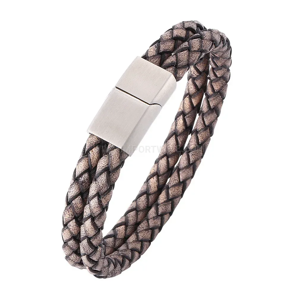 Vintage Stainless Steel Magnetic Clasp Leather Wristband Accent