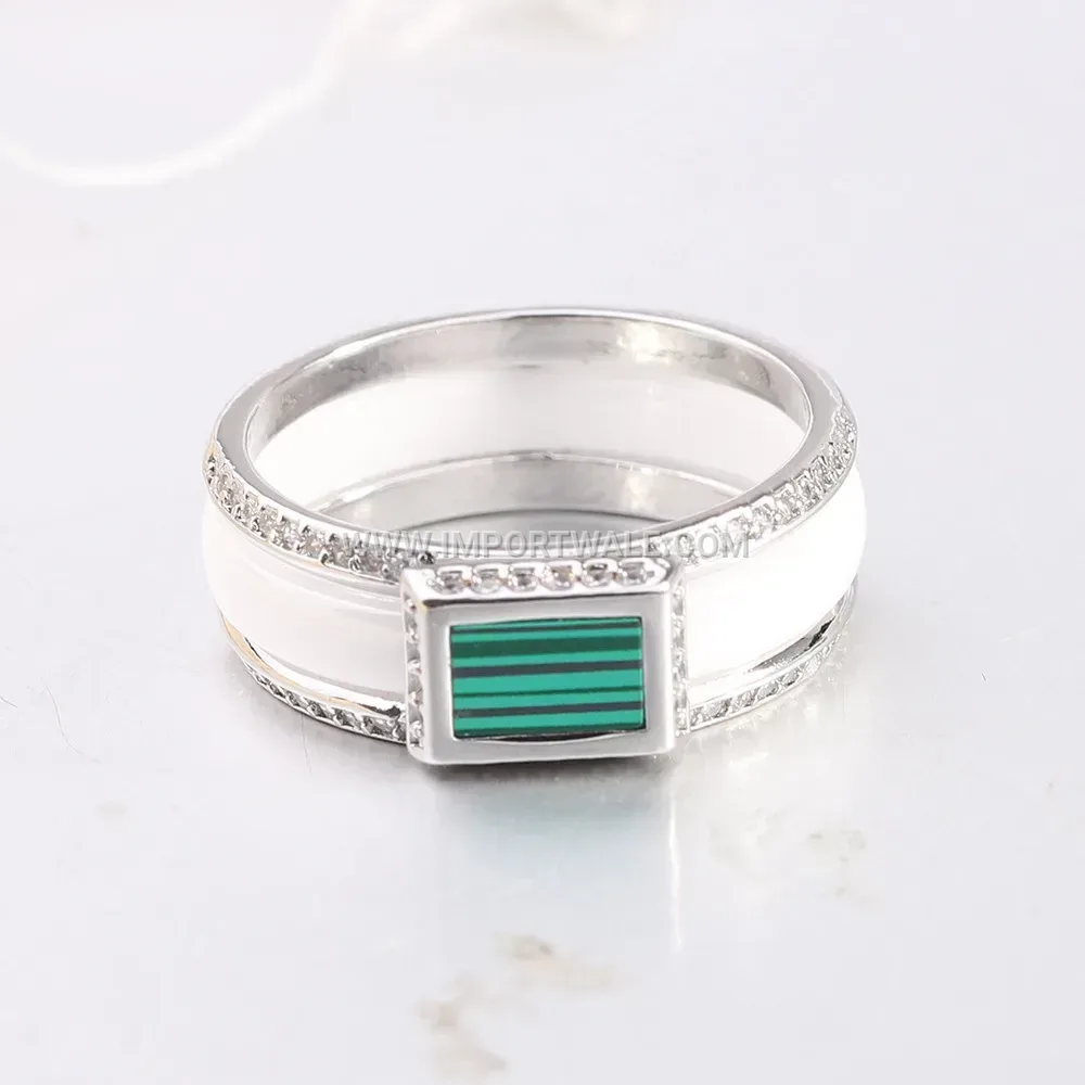 Crystal Inlaid Smooth Ceramic Band Ring