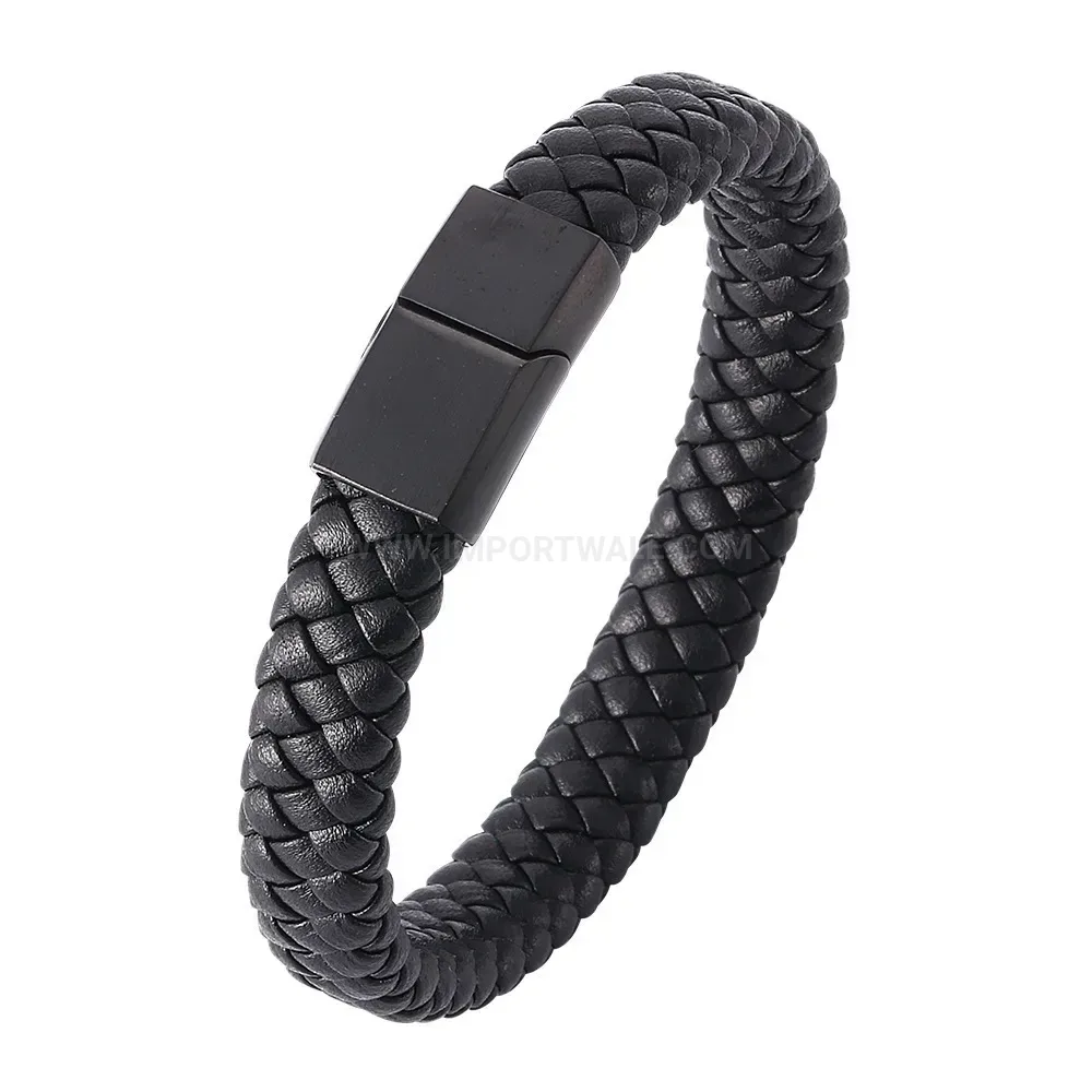 Brushed Stainless Steel Magnetic Braided Leather Bracelet