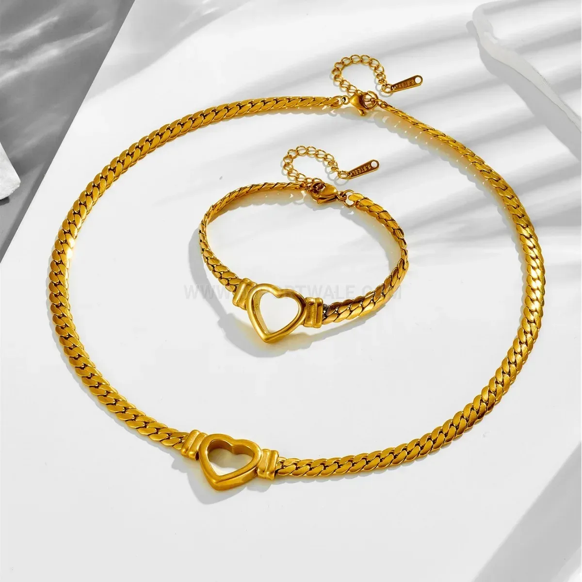 Hollow Heart Stainless Steel Curb Chain Bracelet and Necklace