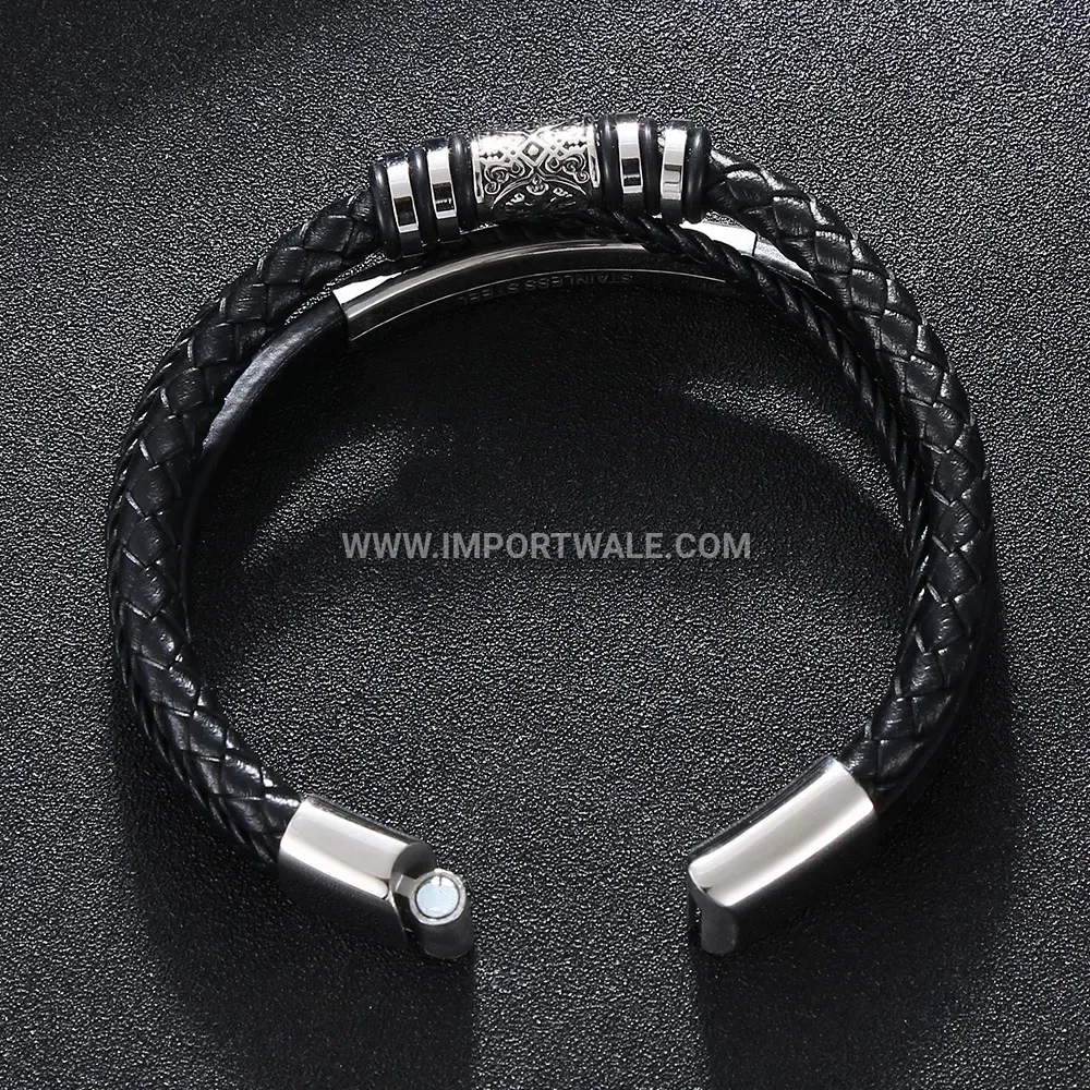 Viking Pattern Multi-Strand Braided Leather Steel Bracelet