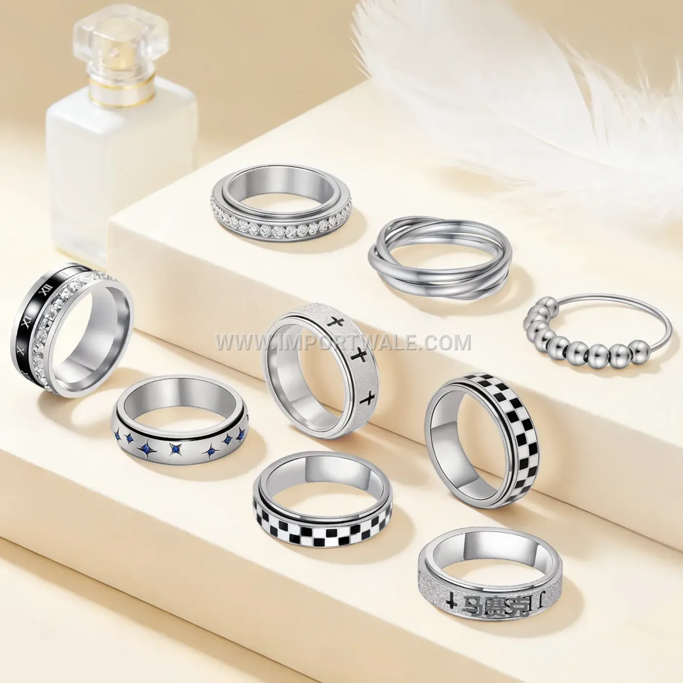 Frosted Geometric Stainless Steel Rhinestone Spinner Band Ring
