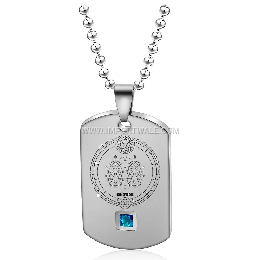 Engraved Stainless Steel Zodiac Tag Layered Pendant Necklace