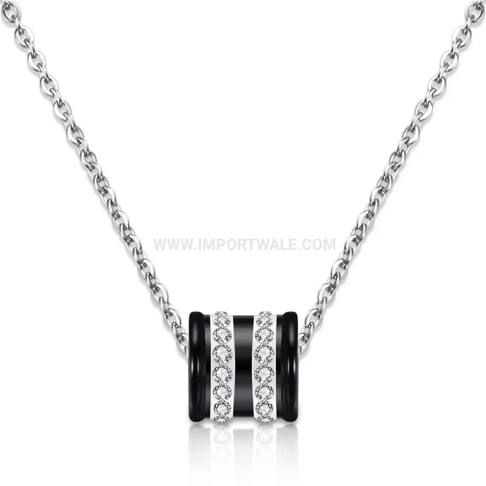 Stainless Steel Double Row Rhinestone Round Pendant Collar Necklace