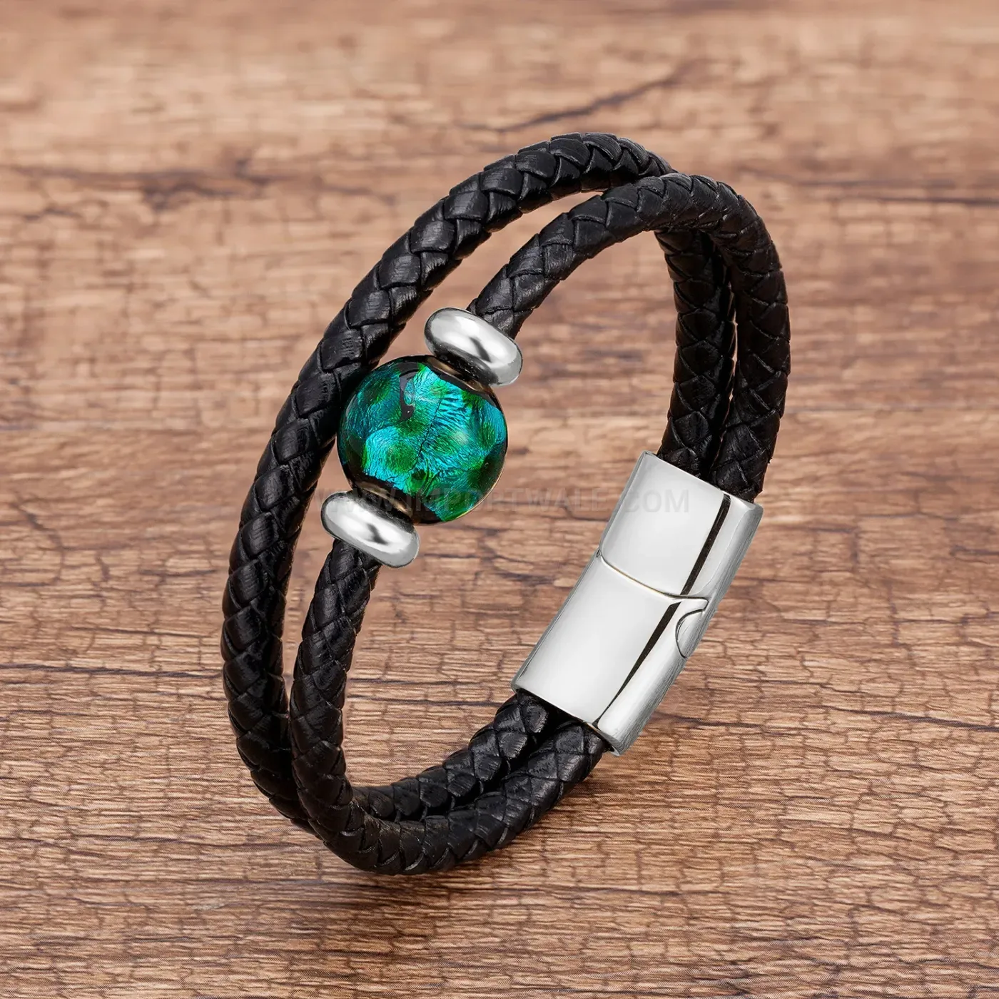 Double Strand Woven Leather Bracelet with Natural Beads and Clasp
