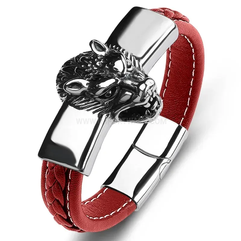 Bold Beast King Emblem Stainless Steel Leather Men Bracelet