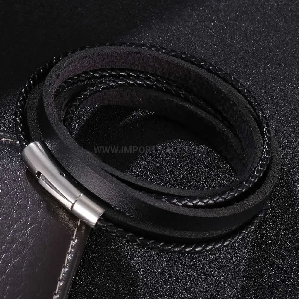 Braided Leather Multi-Layer Bracelet with Stainless Steel Snap Buckle