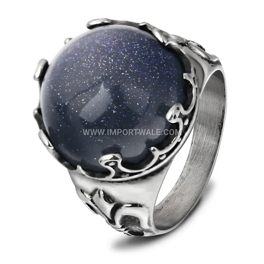 Vintage Titanium Steel Ring with Blue Sandstone Inlay