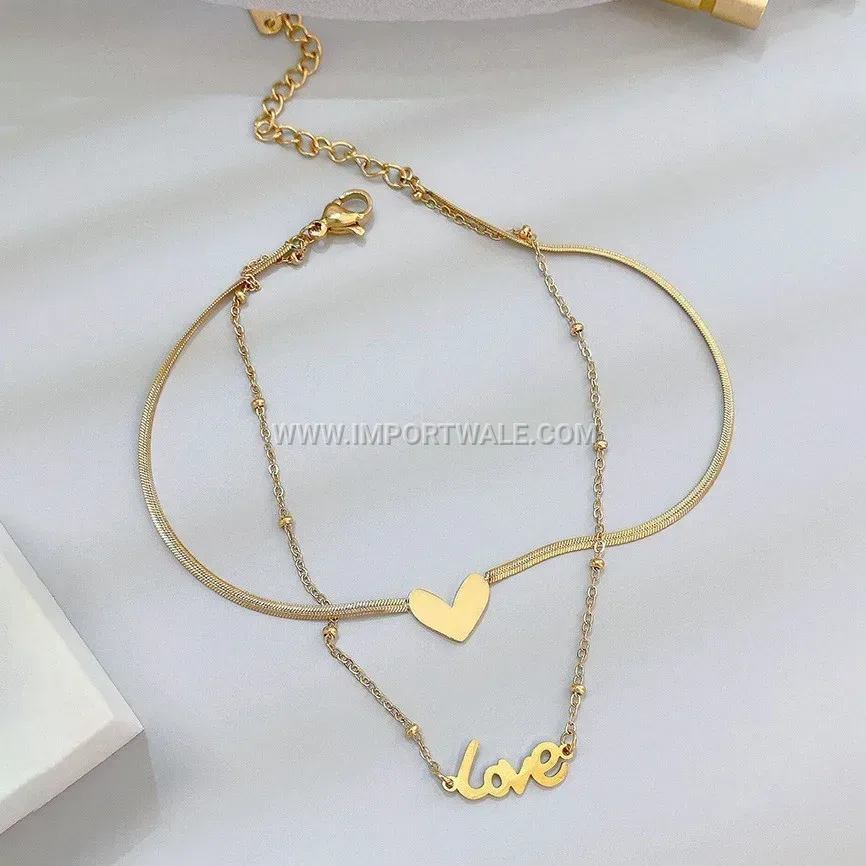Layered Heart Letter Charm Stainless Steel Anklet