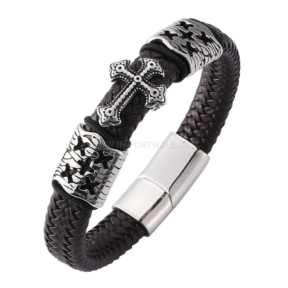 Handcrafted Leather Braided Bracelet with Vintage Stainless Steel Cross Clasp