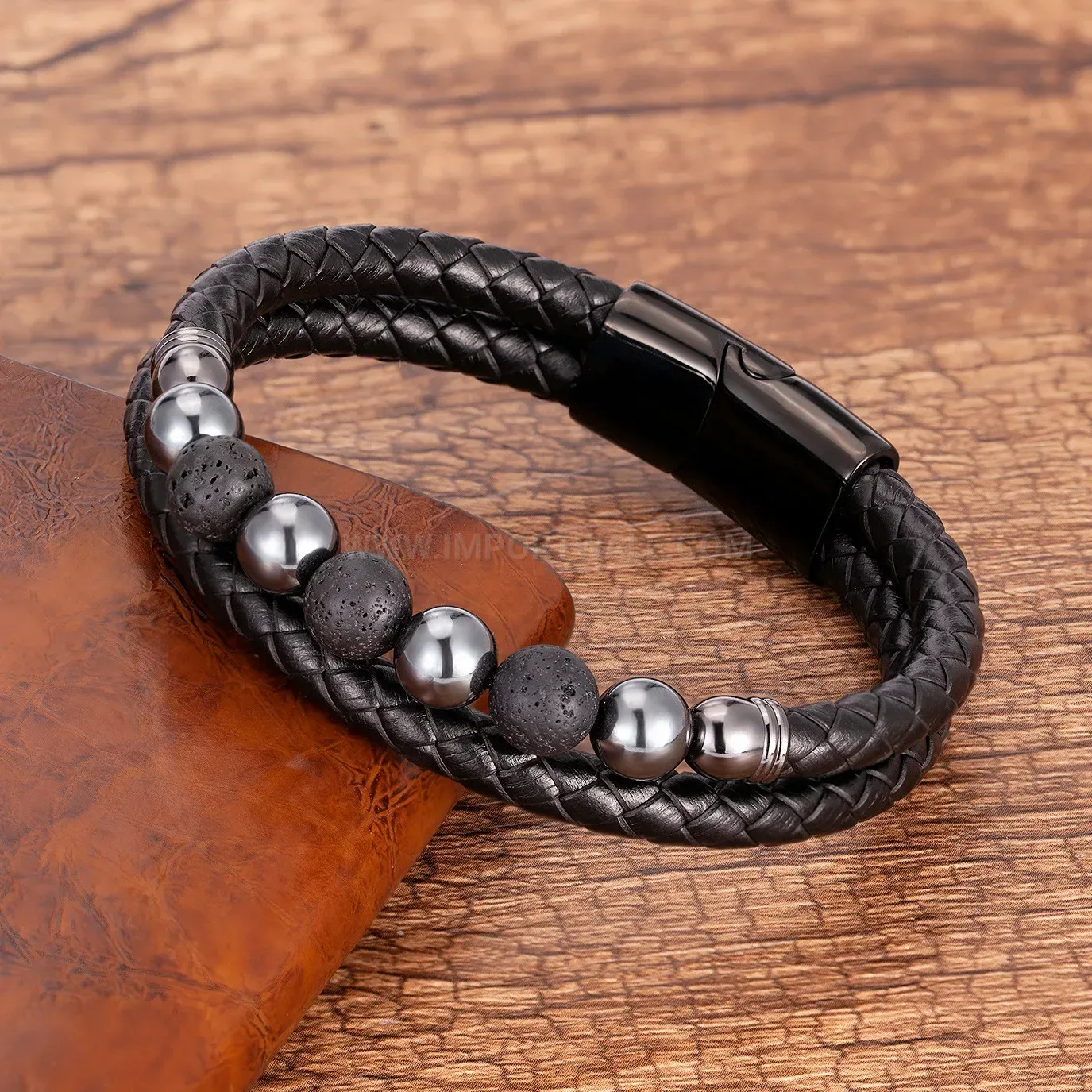 Vintage Handwoven Beaded Leather Bracelet with Steel Clasp