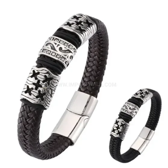 Elegant Men's Geometric Stainless Steel Clasp Braided Leather Bracelet