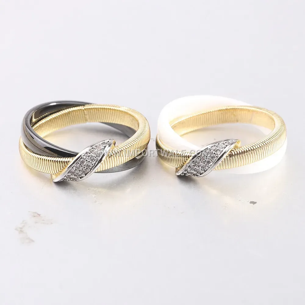 Diagonal Rhinestone Gold Plated Ceramic Ring