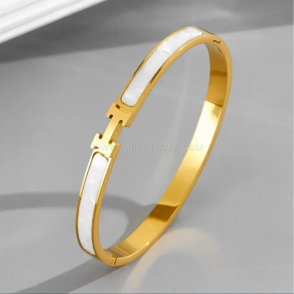 White Shell H-Inlay Clasp Titanium Steel Bangle