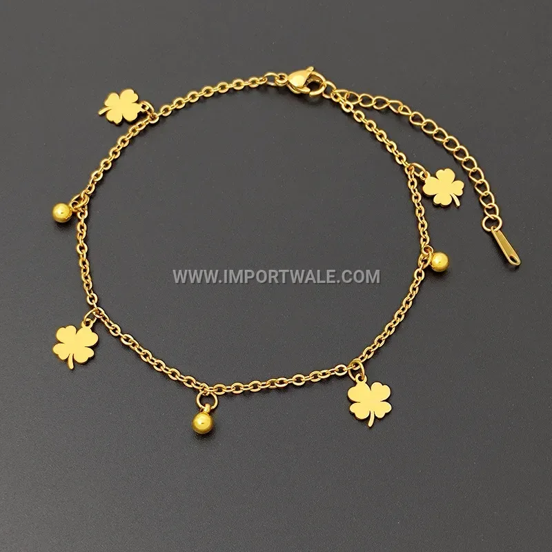 Four-Leaf Clover Gold Beaded Stainless Steel Anklet