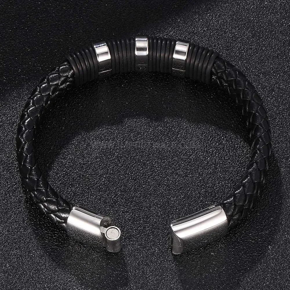 Trendy Engravable Stainless Steel Plate Black Leather Braided Couple Bracelet