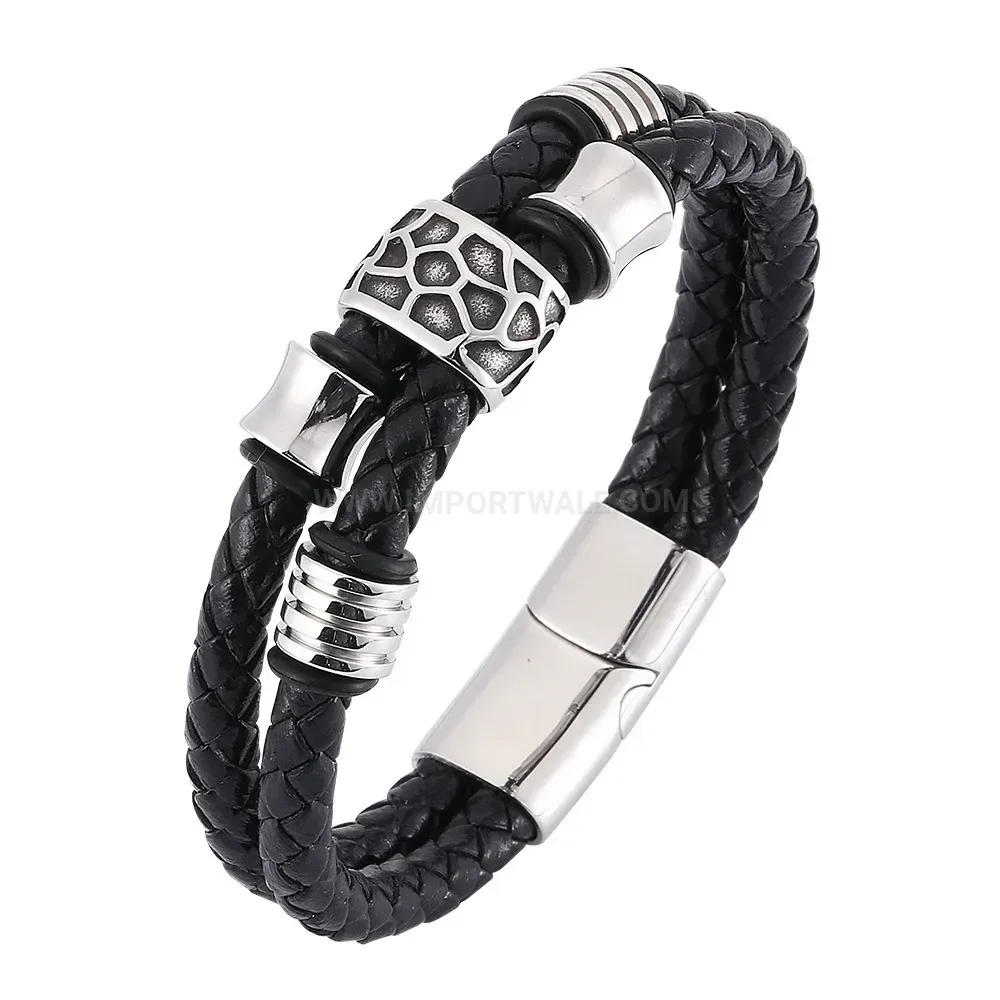 Chic Multi Layer Leather Stainless Steel Magnetic Clasp Punk Bracelet