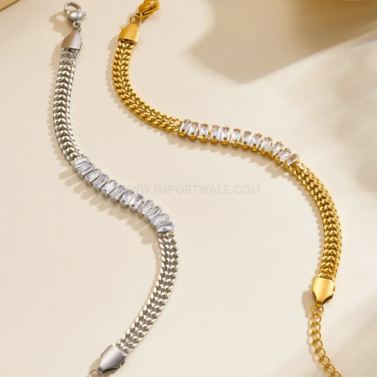 Classic Stainless Steel Watch Band Link Bracelet with Zirconia