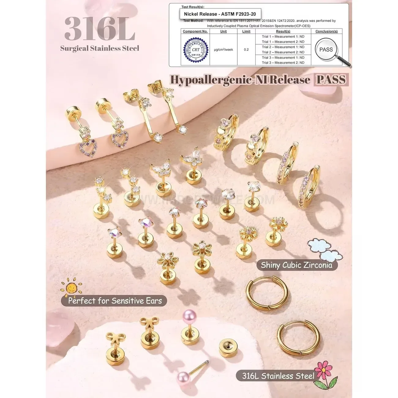Chic Stainless Steel Flat Back Threaded Piercing Stud Set with Colorful Stones
