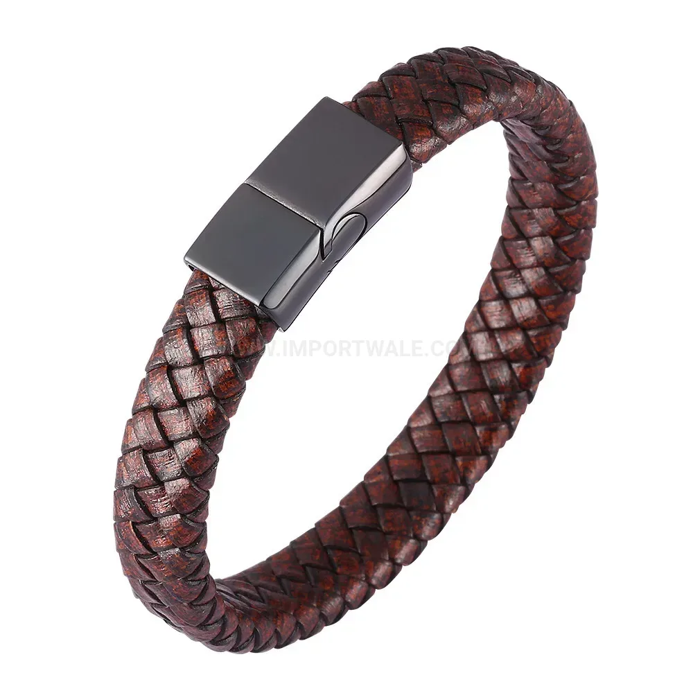 Woven Brown Leather Bracelet with Dark Stainless Steel Clasp