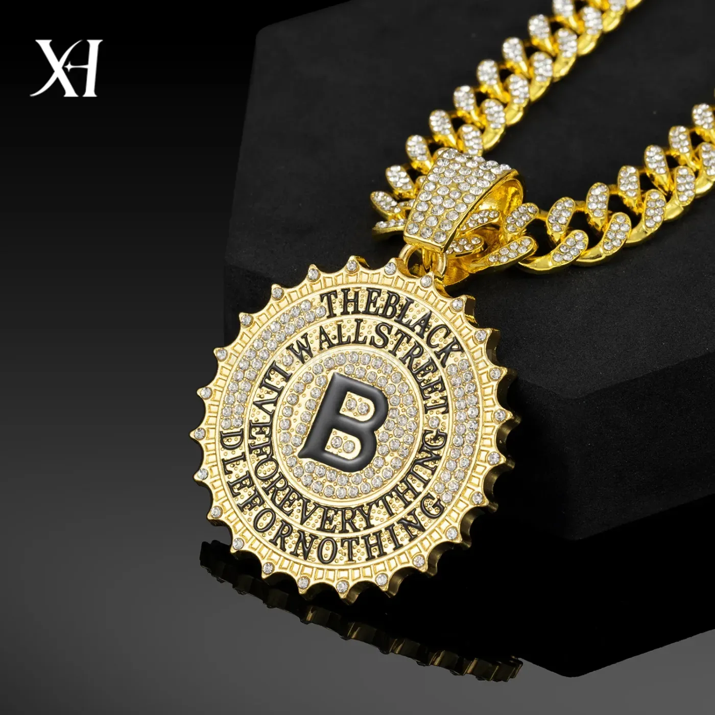 Iced Out Round Letter B Medallion Hip Hop Pendant Necklace