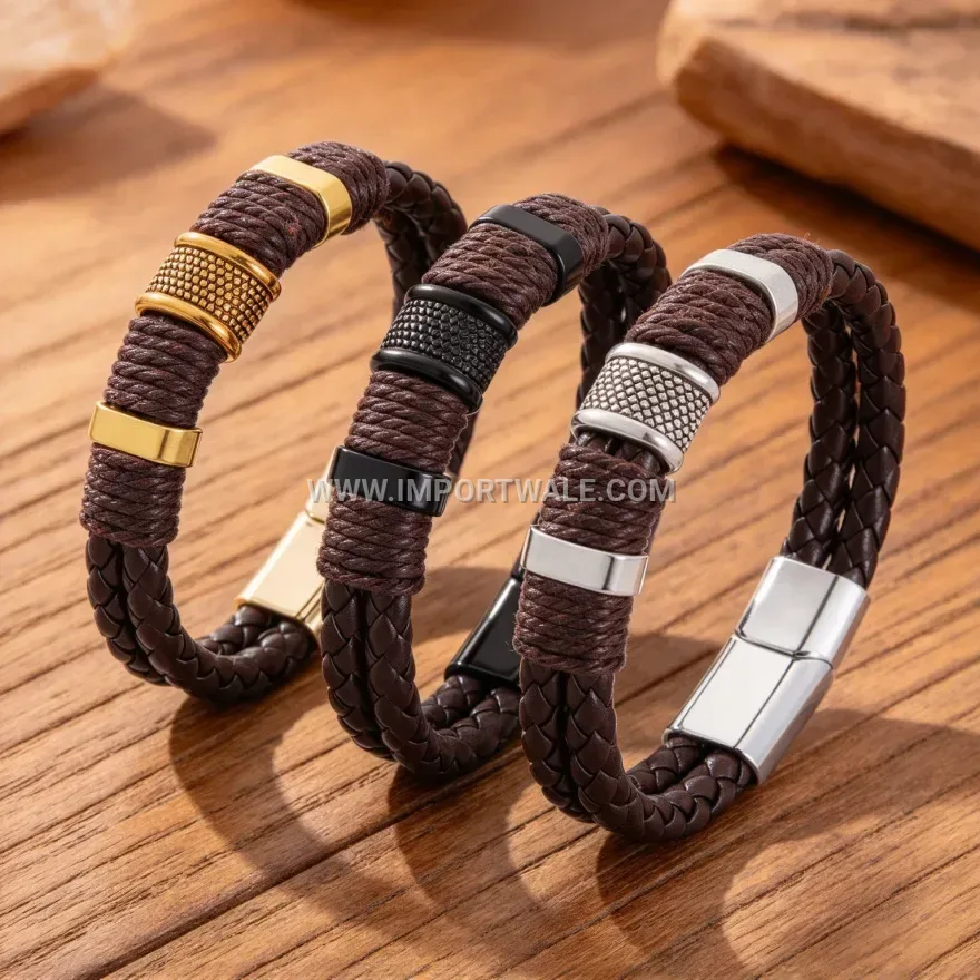 Double Strand Woven Stainless Steel Leather Magnetic Bracelet