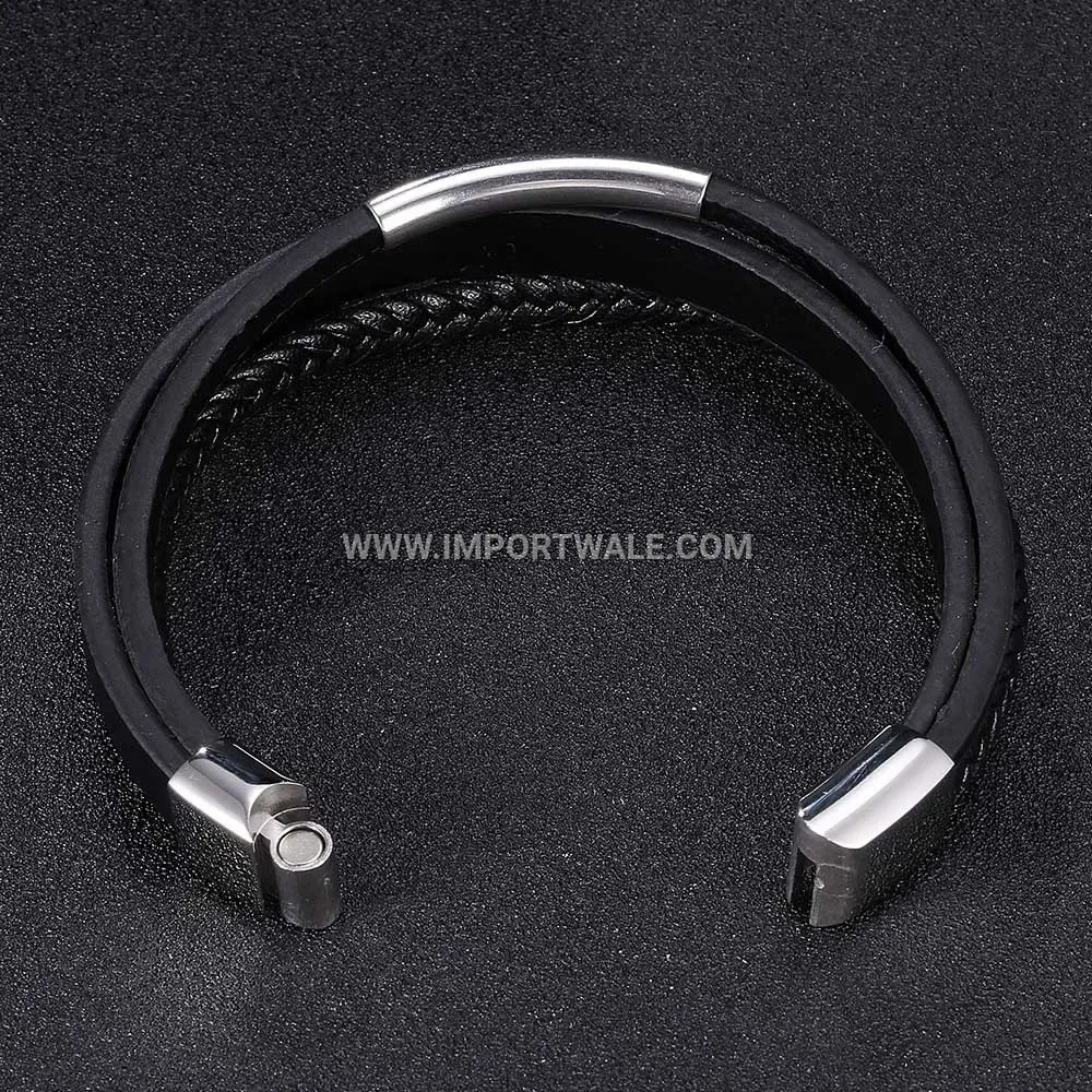 Multi Cord Black Leather Stainless Steel Statement Bracelet for Men