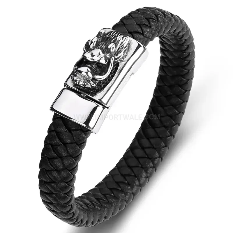 Bold Dragon Head Stainless Steel and Genuine Leather Men's Bracelet
