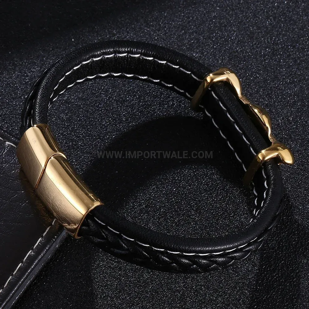 Braided Leather Gold Tone Stainless Steel Men's Cuff Bracelet