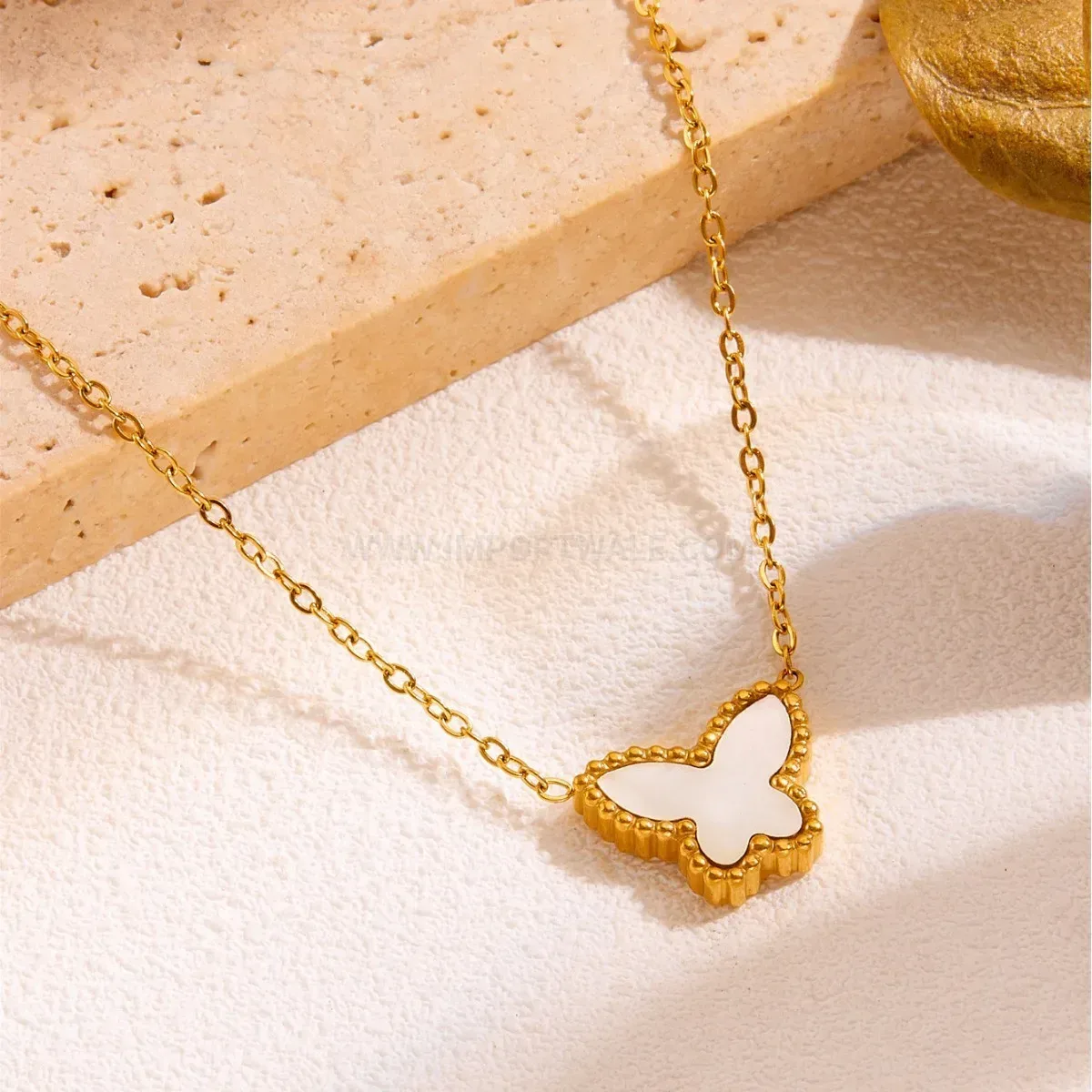 Classic Gold Stainless Steel White Shell Butterfly Pendant Necklace