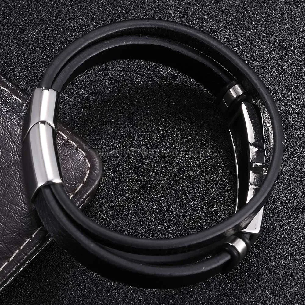 Anchor Motif Leather Bracelet with Stainless Steel Detail