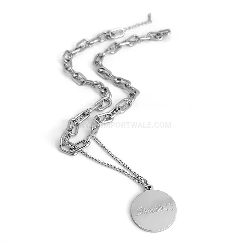 Trendy Multi Layer Titanium Steel Double Smile Round Tag Pendant Necklace