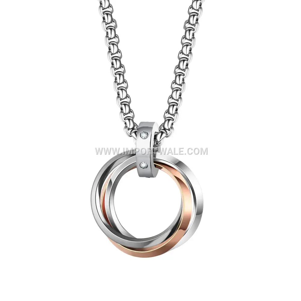 Crystal Accent Interlocking Triple Ring Stainless Steel Pendant