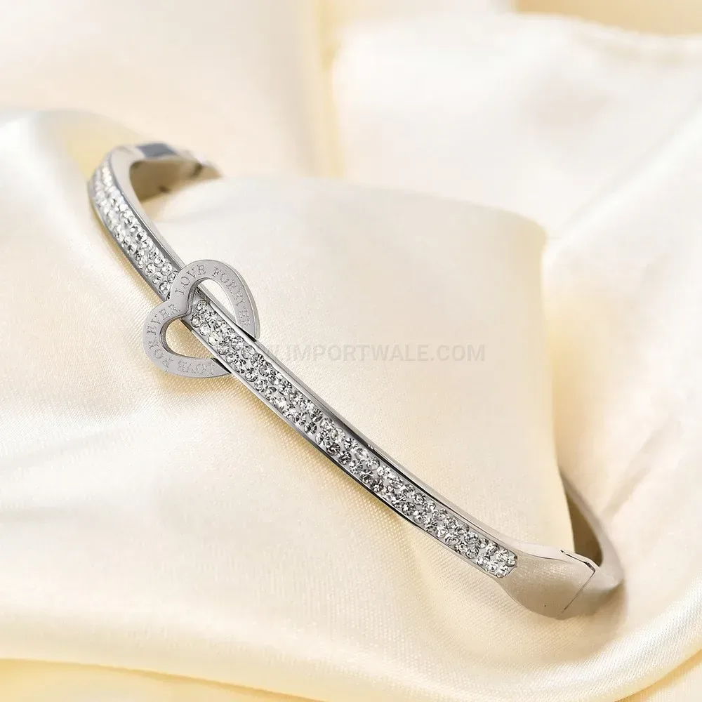 Modern Double Row Rhinestone Heart Open Cuff Bracelet