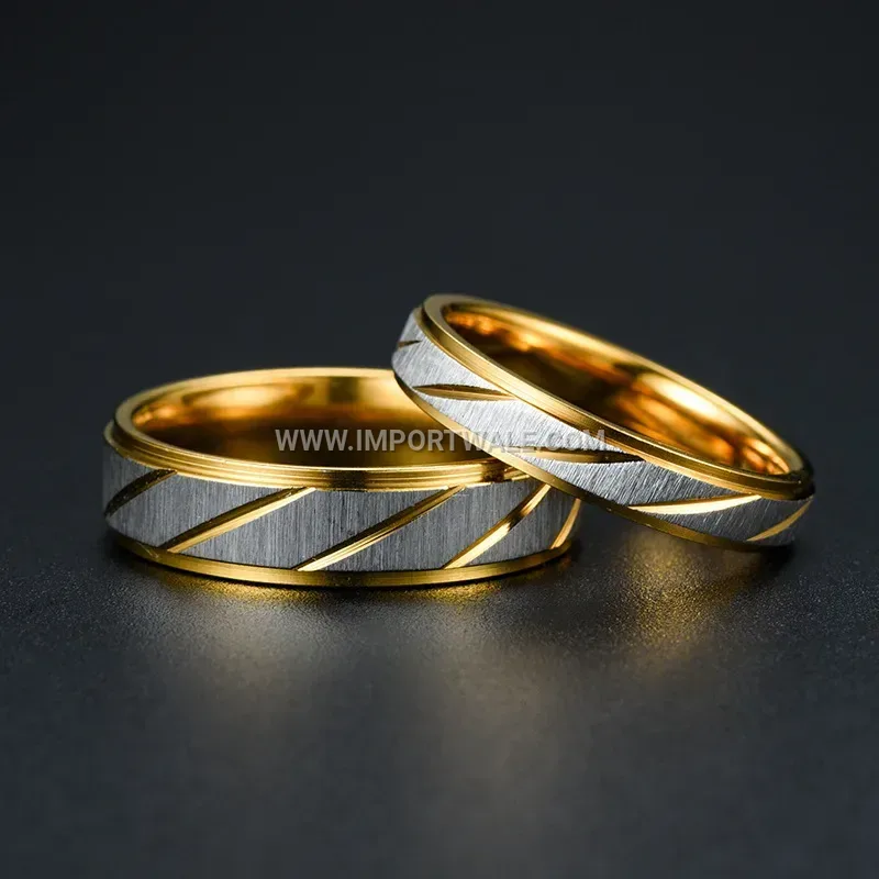 Gold-Plated Beveled Textured Stainless Steel Couple Ring