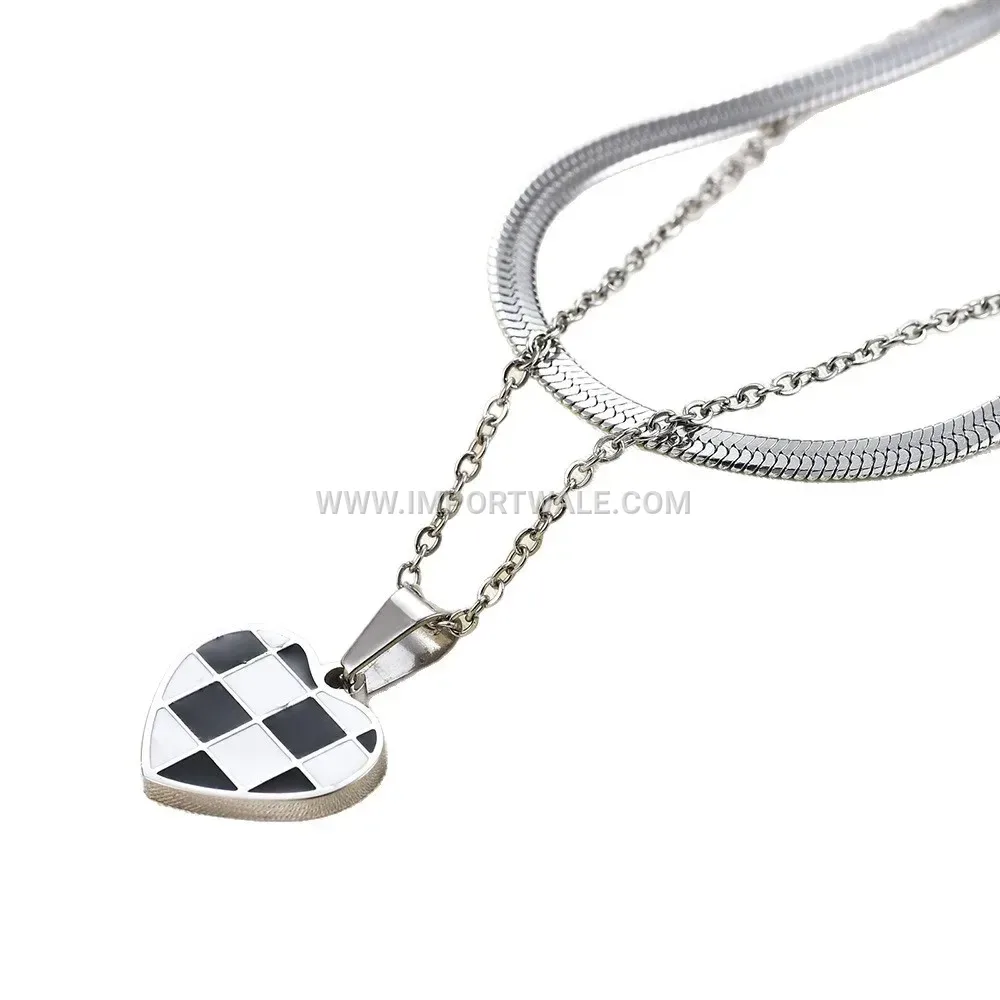 Checkerboard Enamel Heart Pendant Blade Chain Stainless Steel Necklace