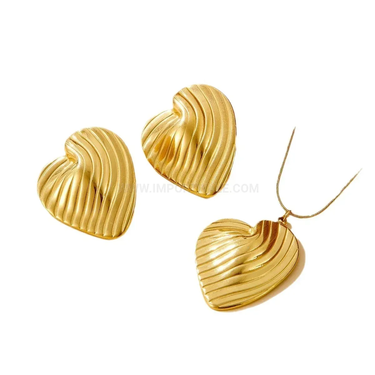 Elegant Gold Plated Striped Heart Titanium Steel Earrings and Necklace Set