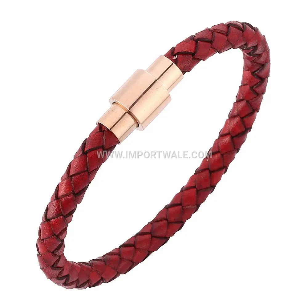 Rose Gold Plated Magnetic Clasp Braided Leather Men's Steel Bracelet
