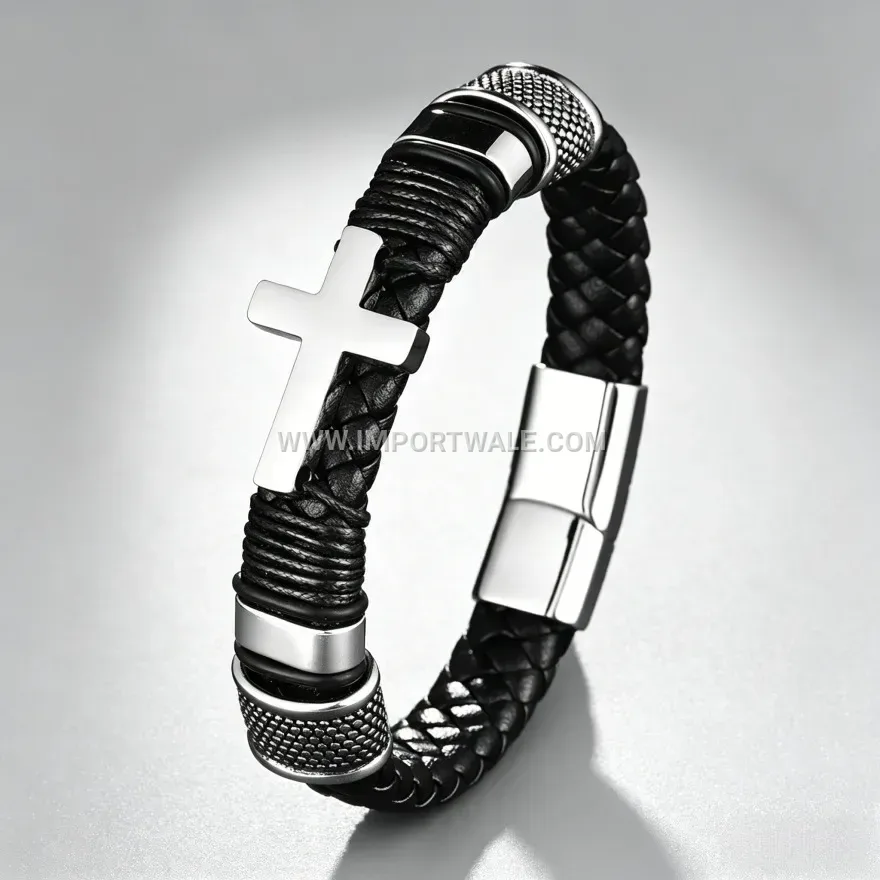 Men's Braided Leather Cross Element Magnetic Clasp Bracelet