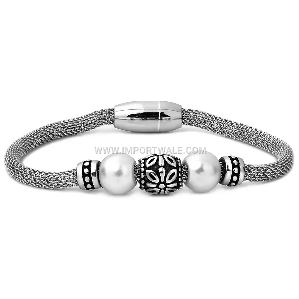 Stainless Steel Mesh Chain Pearl Accent Bracelet