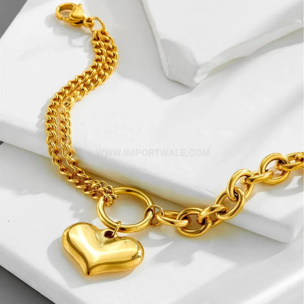 Classic Gold Plated Stainless Steel Heart Charm Chain Bracelet