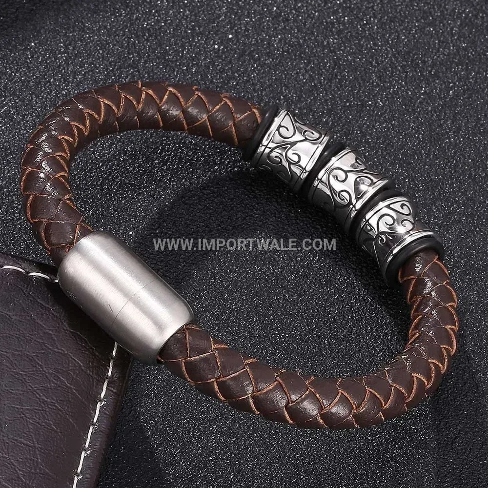 Minimalist Brown Leather Stainless Steel Magnetic Clasp Men Bracelet