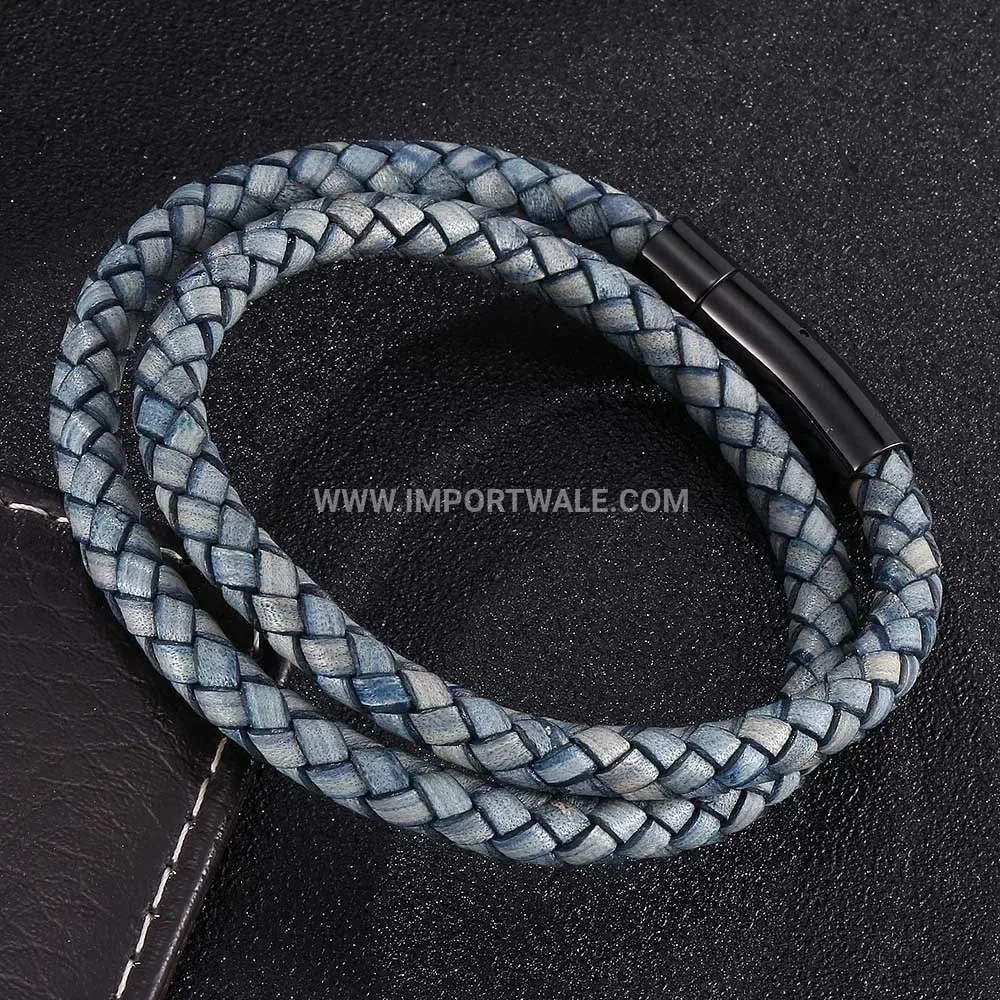 Double-Wrap Leather Wristband with Stainless Steel Clasp