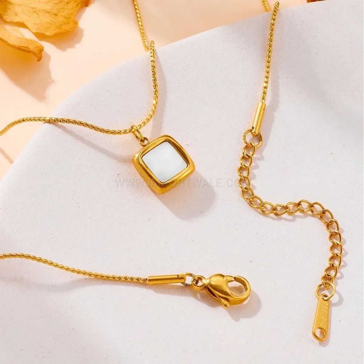 Elegant 18K Gold Plated Mother of Pearl Square Pendant Necklace