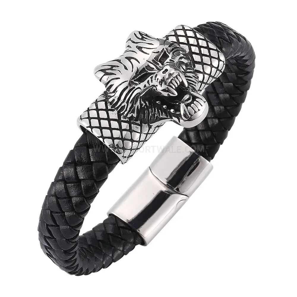 Designer Beast Motif Stainless Steel Magnetic Leather Wristband