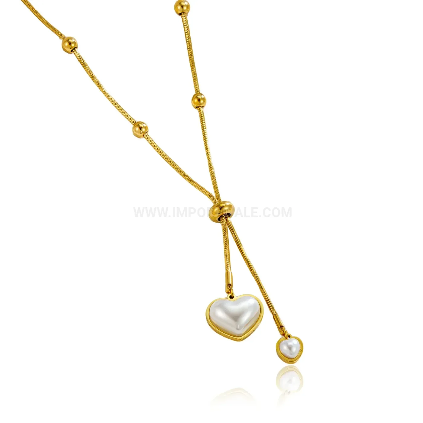 Chic Adjustable Double Heart Pearl Accent Stainless Steel Snake Chain Necklace